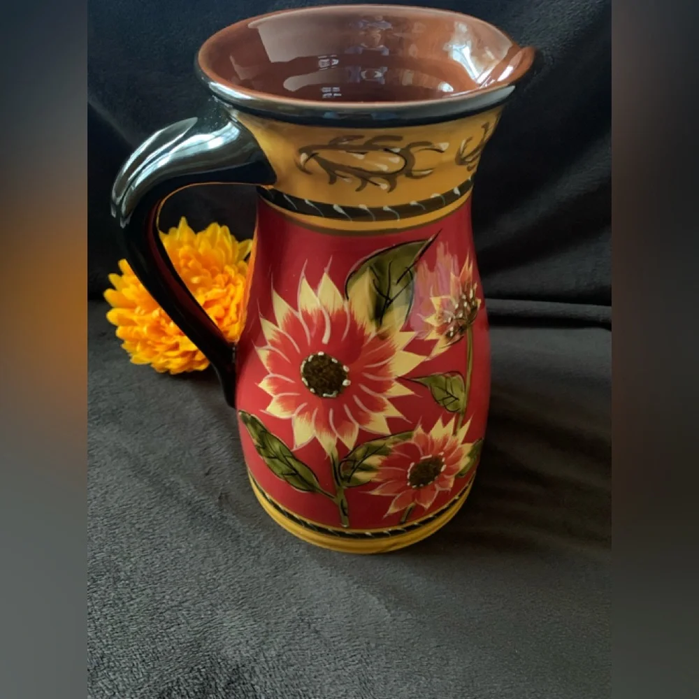 PIER 1 Discontinued terra cotta hand painted Sunflower pitcher VVGUC+++